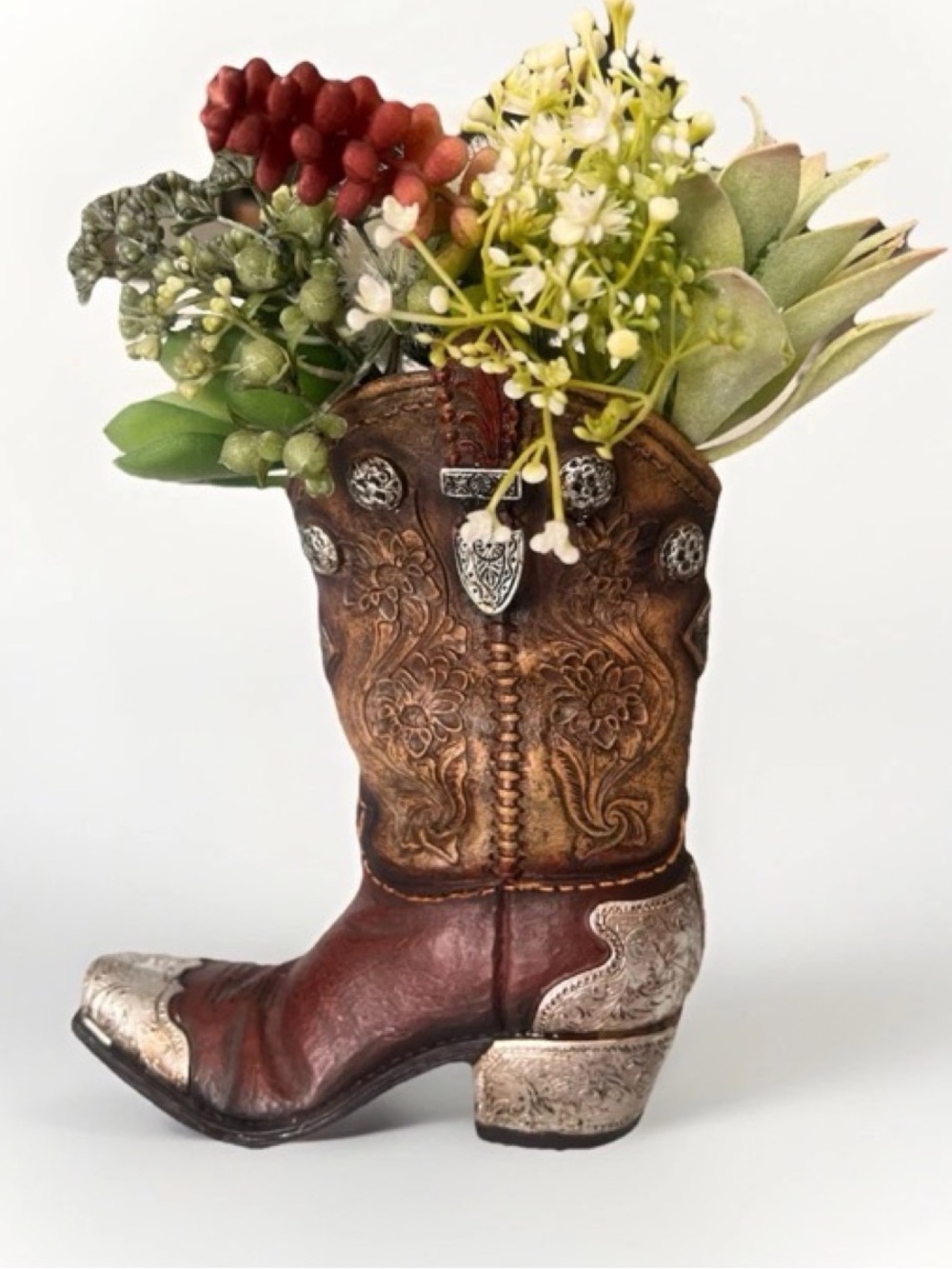 Western Cowboy Boot Vase Planter Brown Resin Floral Decor Rustic Country 8”